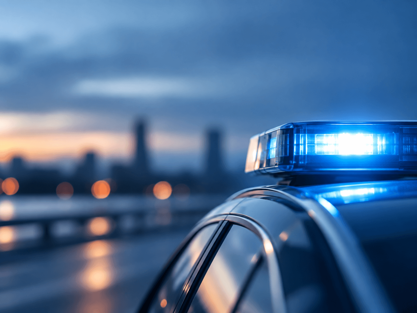 Polizeifahrzeug mit eingeschaltetem Blaulicht in der Abenddämmerung