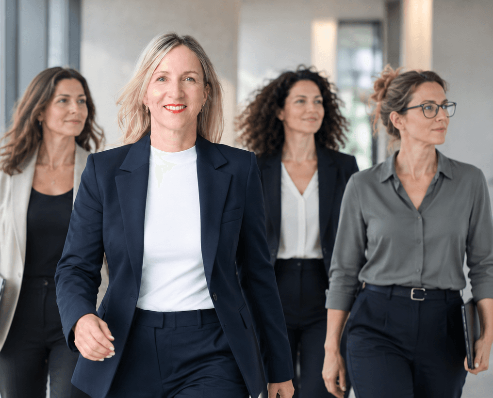 Vier Frauen in Führungspositionen gehen selbstbewusst durch ein modernes Bürogebäude