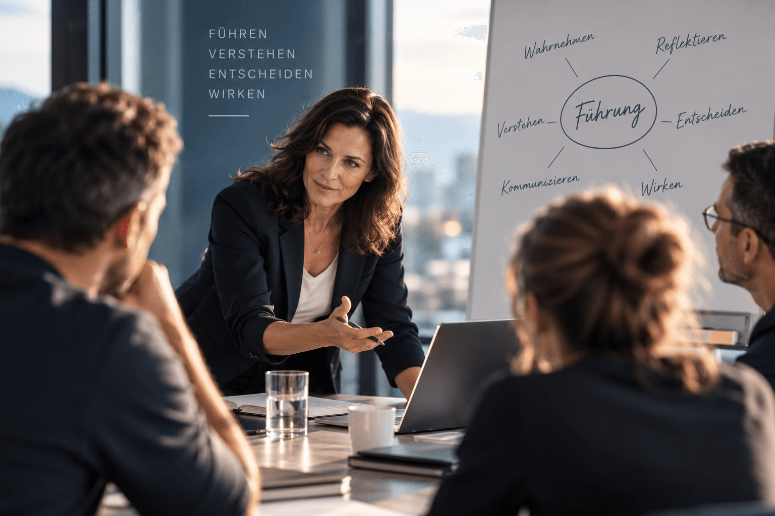 Claudia Räber-Abegg im Führungsgespräch an einem Konferenztisch vor einem Flipchart